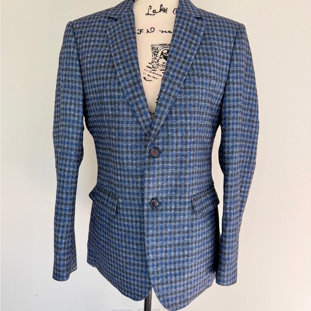 Akademiks Blazer Multi‎ Gingham Checkered Navy Sport Coat Brioni Style Academia - Picture 11 of 12